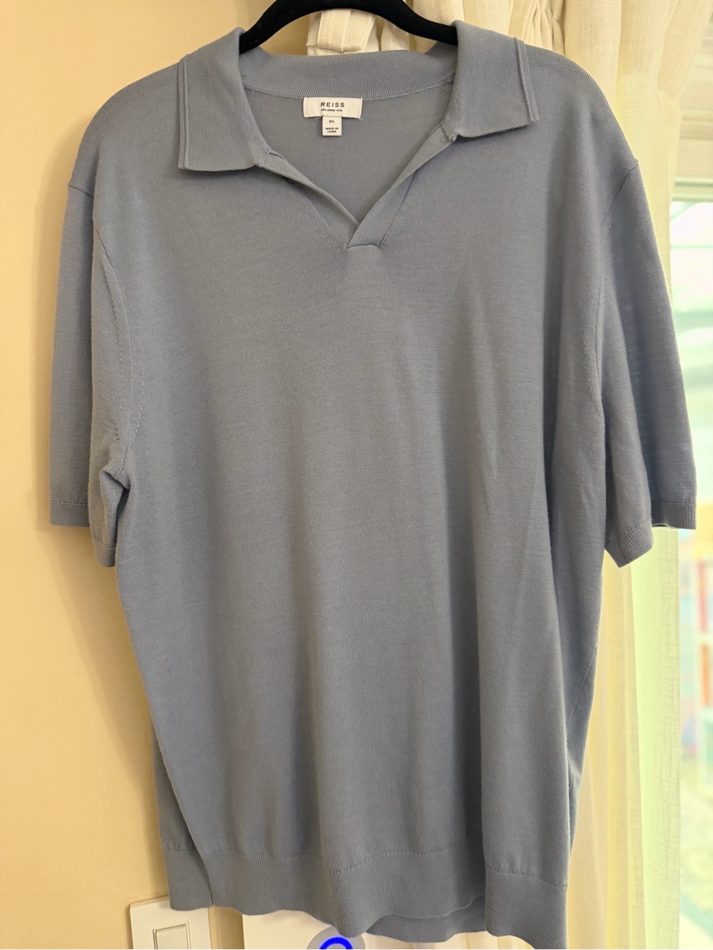 Reiss Light Blue Short-Sleeve Polo Knit 100% Wool